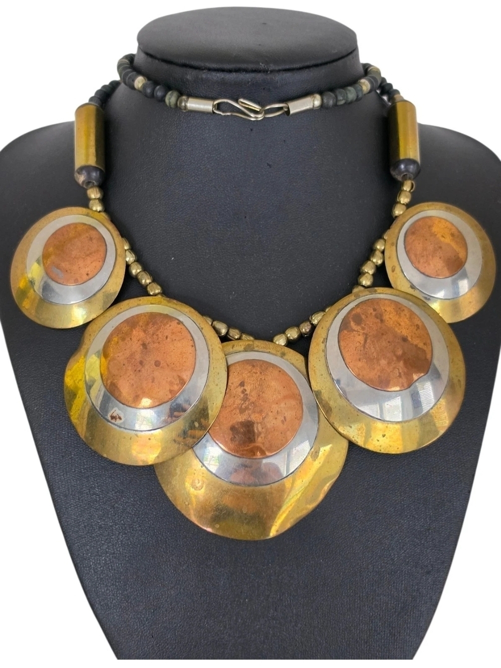 Vintage Brutalist Statement Necklace Mixed Metal Disc Bib Brass Copper 24"